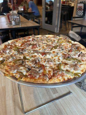 The Chicago pizza with sausage, mushrooms and sweet peppers. Yum!