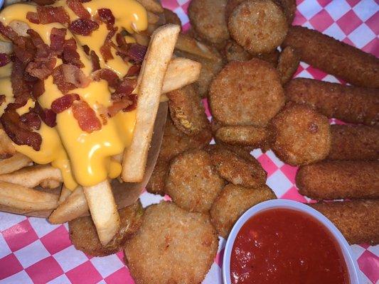 Appetizers! Cheese fries, fried pickles, and mozzarella sticks.