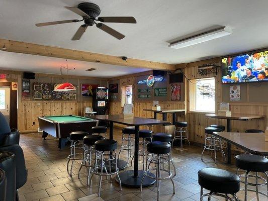 Pool tables and eating tables.