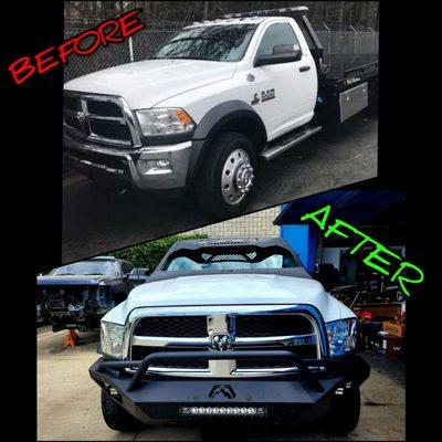 2018 RAM 5500 Flatbed Tow Truck Fab-Fours Vengeance Front Bumper Pre-Runner Guard & Vicow installed BEFORE & AFTER