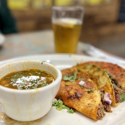 Quesabirria tacos with beef consommé. Yum!