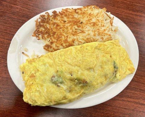 Build Your Own Omelette - sausage, bacon, broccoli with hashbrowns