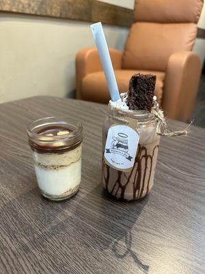 The Brownie Ice-Cream Shake is delicious! On the left hand it's the 8oz Snicker Cheesecake!