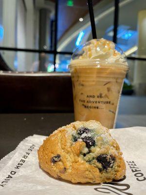 Blueberry lemon scone and salted caramel cold brew