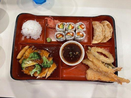 Box A - Broiled Chicken Teriyaki, California Rolls, Gyoza, Shrimp and Veggie Tempura (6.2.23)