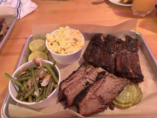 Combo brisket and ribs green beans and Mac n cheese pickles.