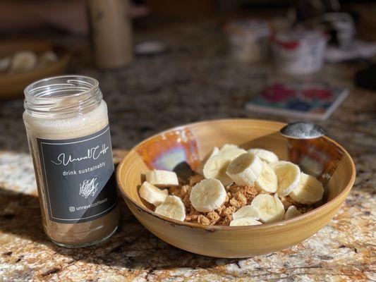 Dirty chai latte and home-made granola bowl