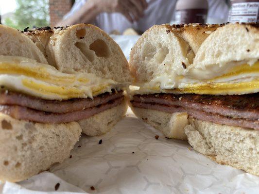 Everything bagel with pork roll egg and cheese