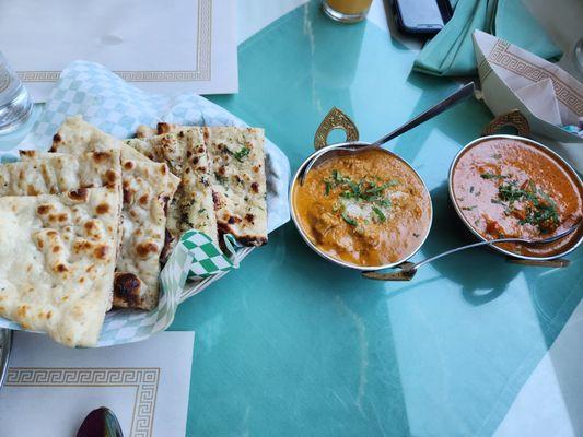 Our usual spread...garlic Naan, plain Naan, coconut lamb curry and chicken Tikka masala