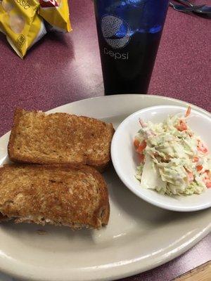 Crisply toasted tuna melt with side of slaw