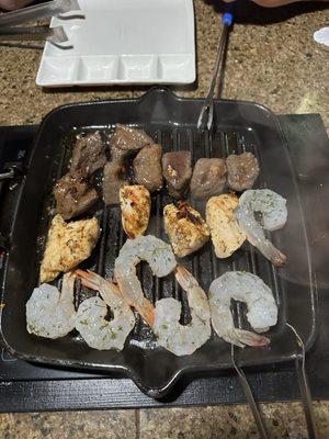 Shrimp, chicken, and steak