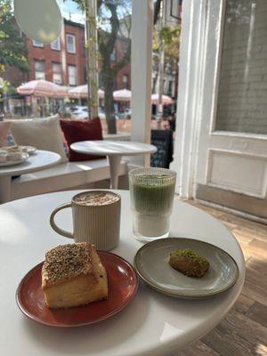 Top: Turkish Salep, Iced Matcha Latte Bottom: Everything Buttermilk Biscuit, Turkish Pistachio Cookie