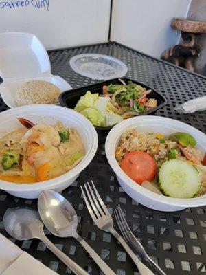 2 panang Friends , shrimp fried rice and seafood salad