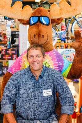 Owner of Cool As A Moose, Kip Stone with stuffed Hermie at Bar Harbor's 30th Anniversary celebration in 2016!