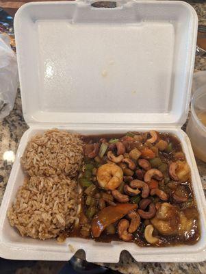 Special #12: Cashew Shrimp, with fried rice and also comes with crab cheese! Such a full takeout container!