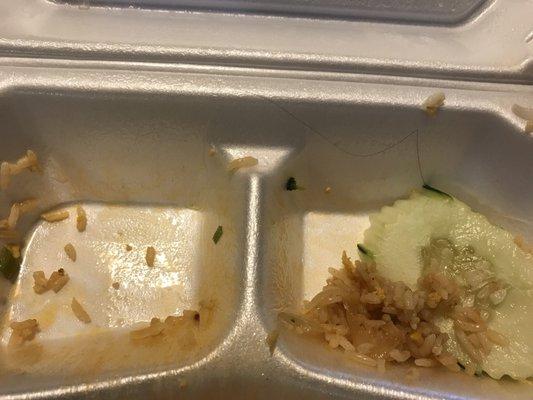 Found hair in food. Unfortunately, we had eaten 90% of it. Not sure if it was in the rice or in the to go plate the rice is packed in.