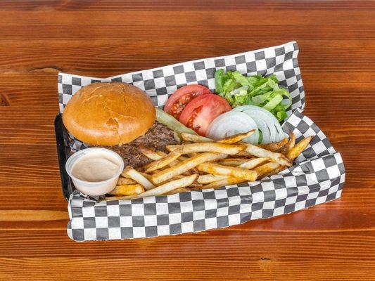 1/4# Fresh hamburger with shredded romaine, sliced tomato, onion and pickle spear with fresh cut fries