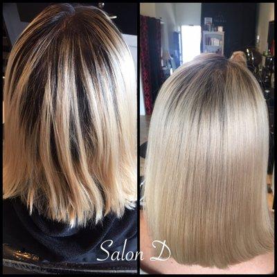 A gorgeous color correction done by Debbie with NO DAMAGE. I proudly use Olaplex in ALL my lightening services.