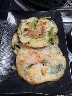 The jeon appetizer was seafood pancakes! Super easy to share with a group and nice and chewy in the inside and crispy in the outside