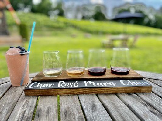 Wine flight and glass of Frosé