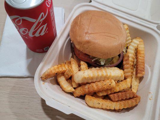 smash burger (special sauce, lettuce, tomato, grilled onions, grilled jalapenos, pickles), cajun fries, coke