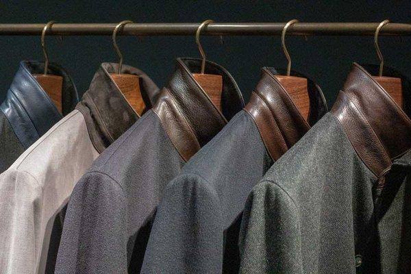 TÉCHIN jackets in cashmere and wool with signature leather collars and trim