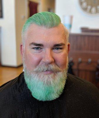 Temp green color, cut and beard trim by Korin