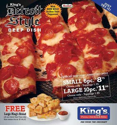 Get a FREE small Detroit style pizza order online at Kingspizza.com Roseville location only promo code FREE