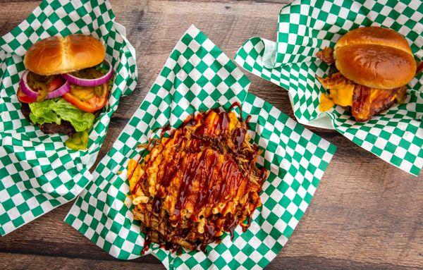 Left to Right Grassroots Burger, Truckin loaded Nachos, Smoke Bacon Cheeseburger