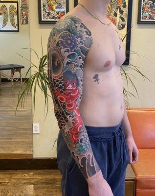 Full Japanese traditional sleeve of Koi, Kintarō & chrysanthemums by Nuco