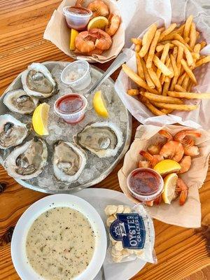 Oysters, Peel 'n Eat Shrimp, French Fries, and Clam Chowder Soup