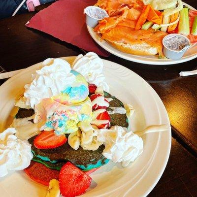 Rainbow pancakes and lox bagel platter