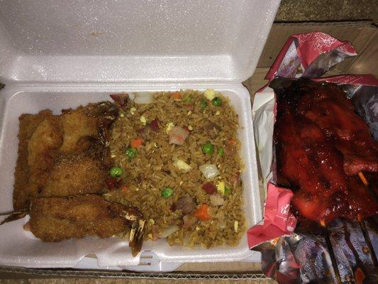 fried jumbo shrimp/pork fried rice + teriyaki chicken sticks