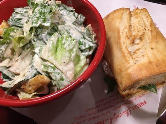 Caesar salad and chicken salad sandwich