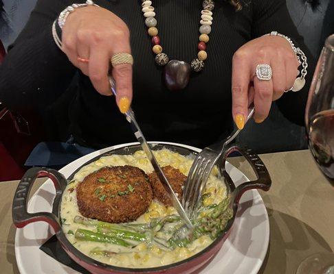 The crab cakes served with asparagus over cream corn,  that was delicious.