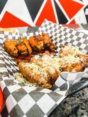 Valley Hot wings (their best selling flavor and our favorite!!!) + Garlic Parm wings (also delicious)