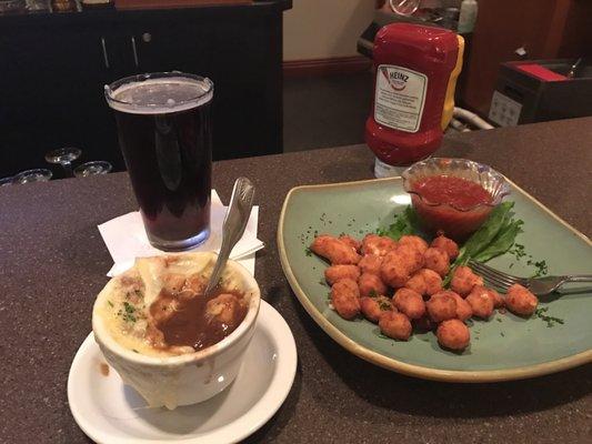 French onion soup cheese curds and an ice cold beer. Mmmmh!