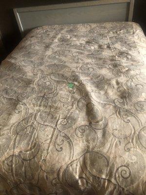 Comforter from 1970s with green paint spilled on it.