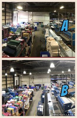 LED lighting retrofit completed in an industrial warehouse space.