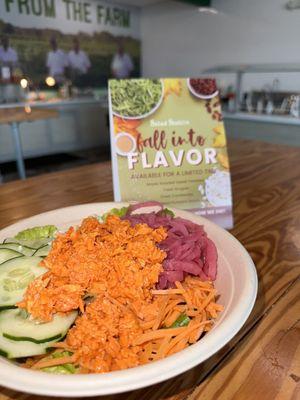 NEW Fall Signature Salad - Romaine & Iceberg, Carrots, Cucumber, Diced Tomatoes, Bleu Cheese, Buffalo Chicken, Pickled Red Onions, Ranch