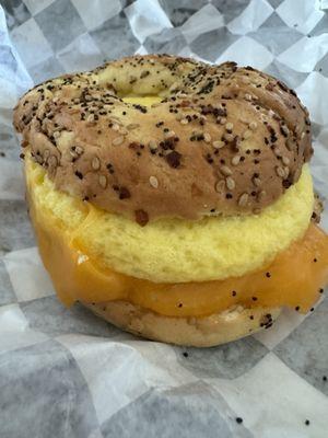 Sausage egg and cheese on an everything bagel