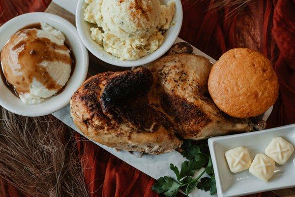 Half Baked Chicken with Mash Potatoes gravy, Potato Salad and Corn bread