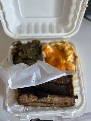 Jerk ribs and Mac n cheese and collard greens