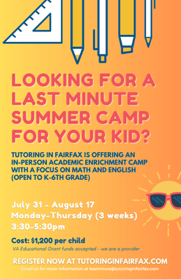 Attention parents! We have open spots available for our 3 week Academic Enrichment Summer Camp that starts on Monday, July 31! Register now!