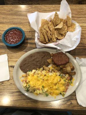 Chips and salsa, Huevos à la Mexicana with cheese and sausage