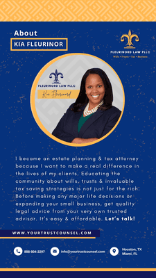 Meet Kia Fleurinord, our managind attorney. To get in touch with us call us at 888-904-2297 or visit our website www.yourtrustcounsel.com