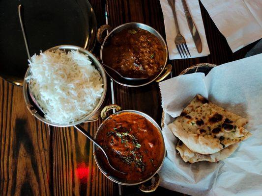 Chicken tika masala, garlic nan and lamb madras!