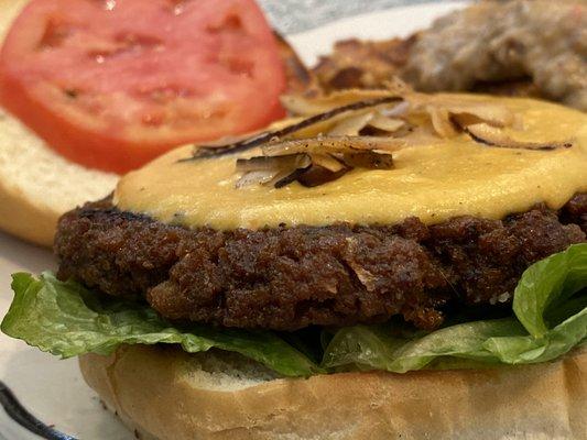 Amazing beet burger with coconut bacon!