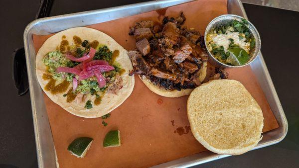 Burnt Ends Sandwich and Taco with Elotes