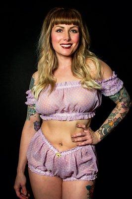 Jacqui Veta Modeling Los Angeles designer Jessica Louse adorable pinup peasant top & Bloomers set